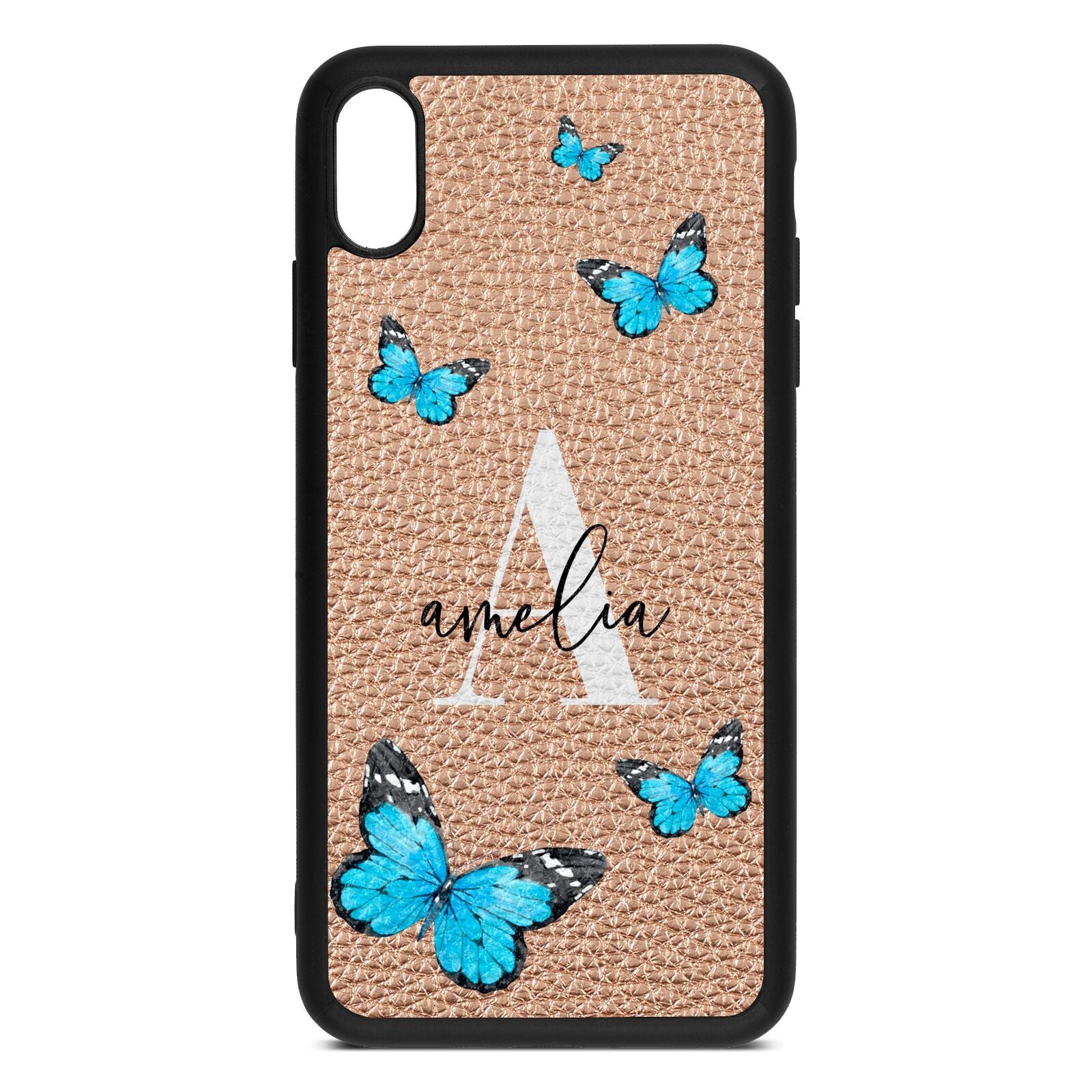 Blue Butterflies with Initial and Name Rose Gold Pebble Leather iPhone Xs Max Case