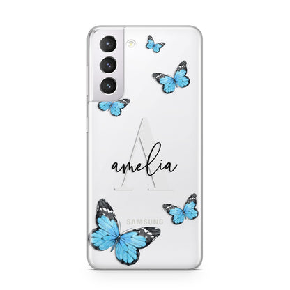 Blue Butterflies with Initial and Name Samsung S21 Case