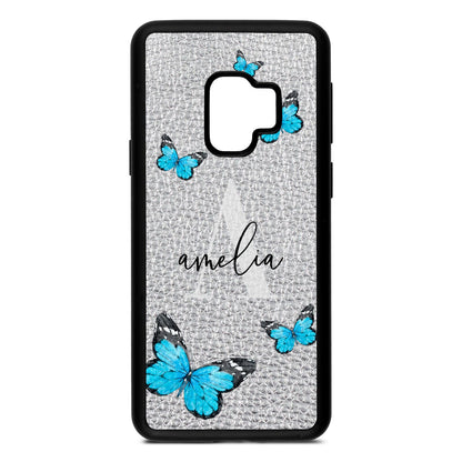 Blue Butterflies with Initial and Name Silver Pebble Leather Samsung S9 Case