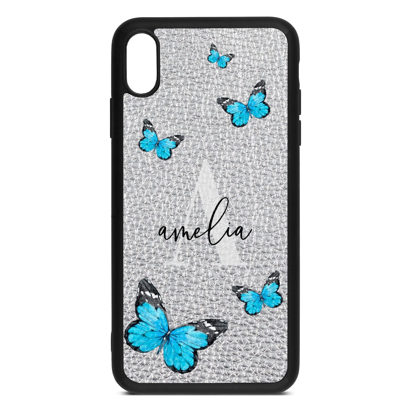 Blue Butterflies with Initial and Name Silver Pebble Leather iPhone Xs Max Case