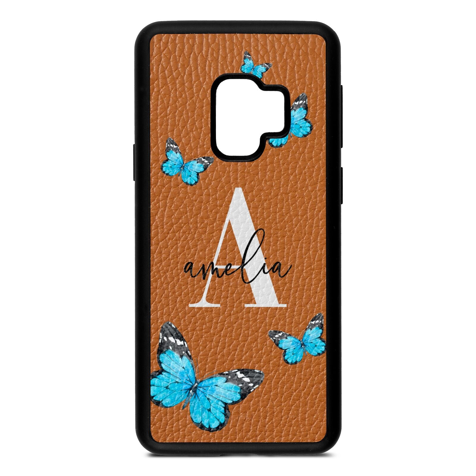 Blue Butterflies with Initial and Name Tan Pebble Leather Samsung S9 Case