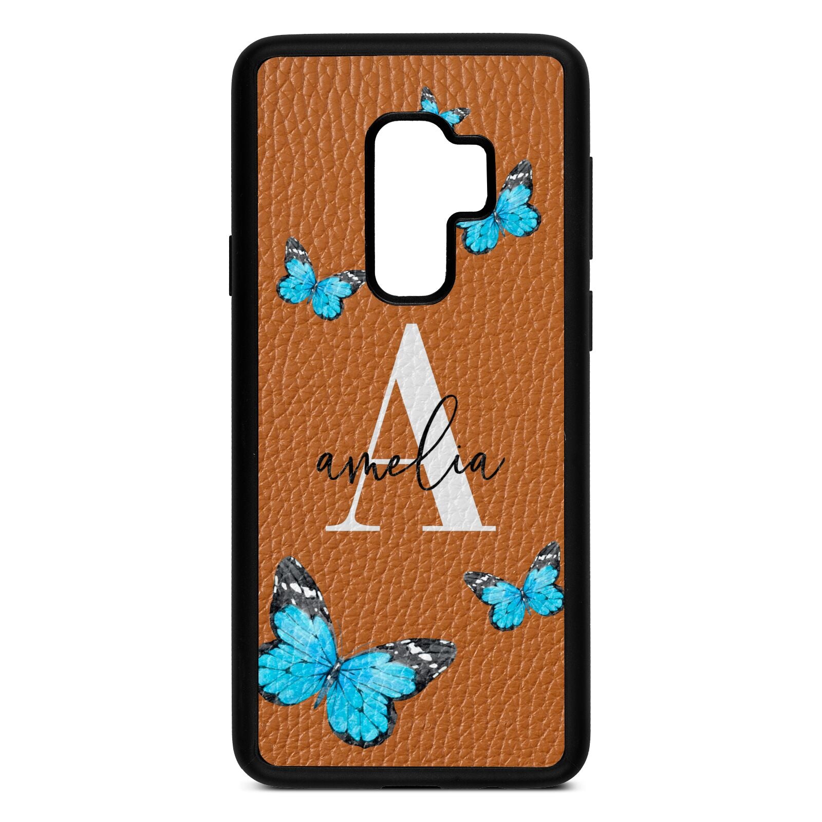 Blue Butterflies with Initial and Name Tan Pebble Leather Samsung S9 Plus Case