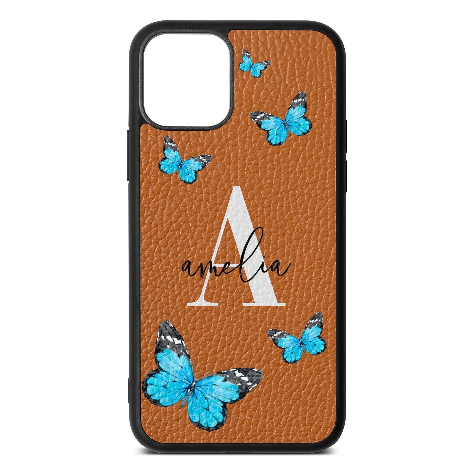 Blue Butterflies with Initial and Name Tan Pebble Leather iPhone 11 Case