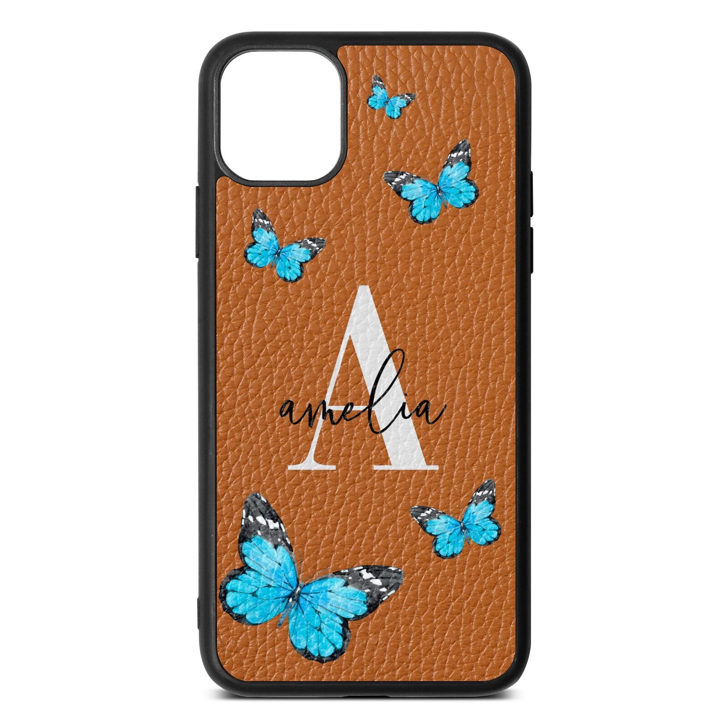 Blue Butterflies with Initial and Name Tan Pebble Leather iPhone 11 Pro Max Case