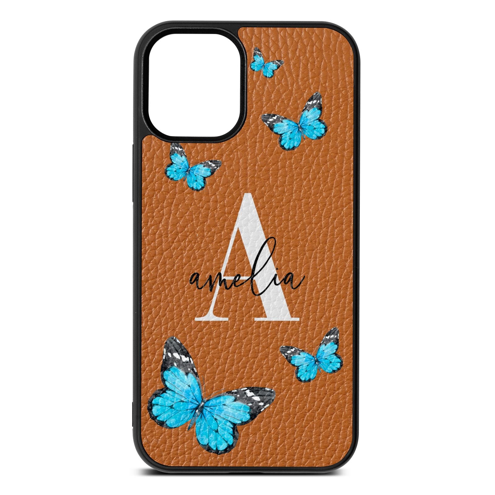 Blue Butterflies with Initial and Name Tan Pebble Leather iPhone 12 Mini Case