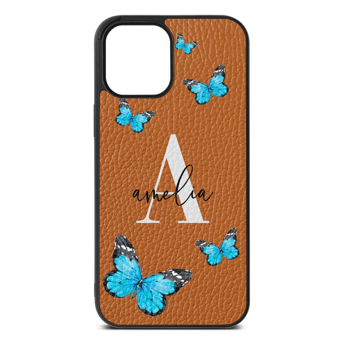 Blue Butterflies with Initial and Name Tan Pebble Leather iPhone 12 Pro Max Case