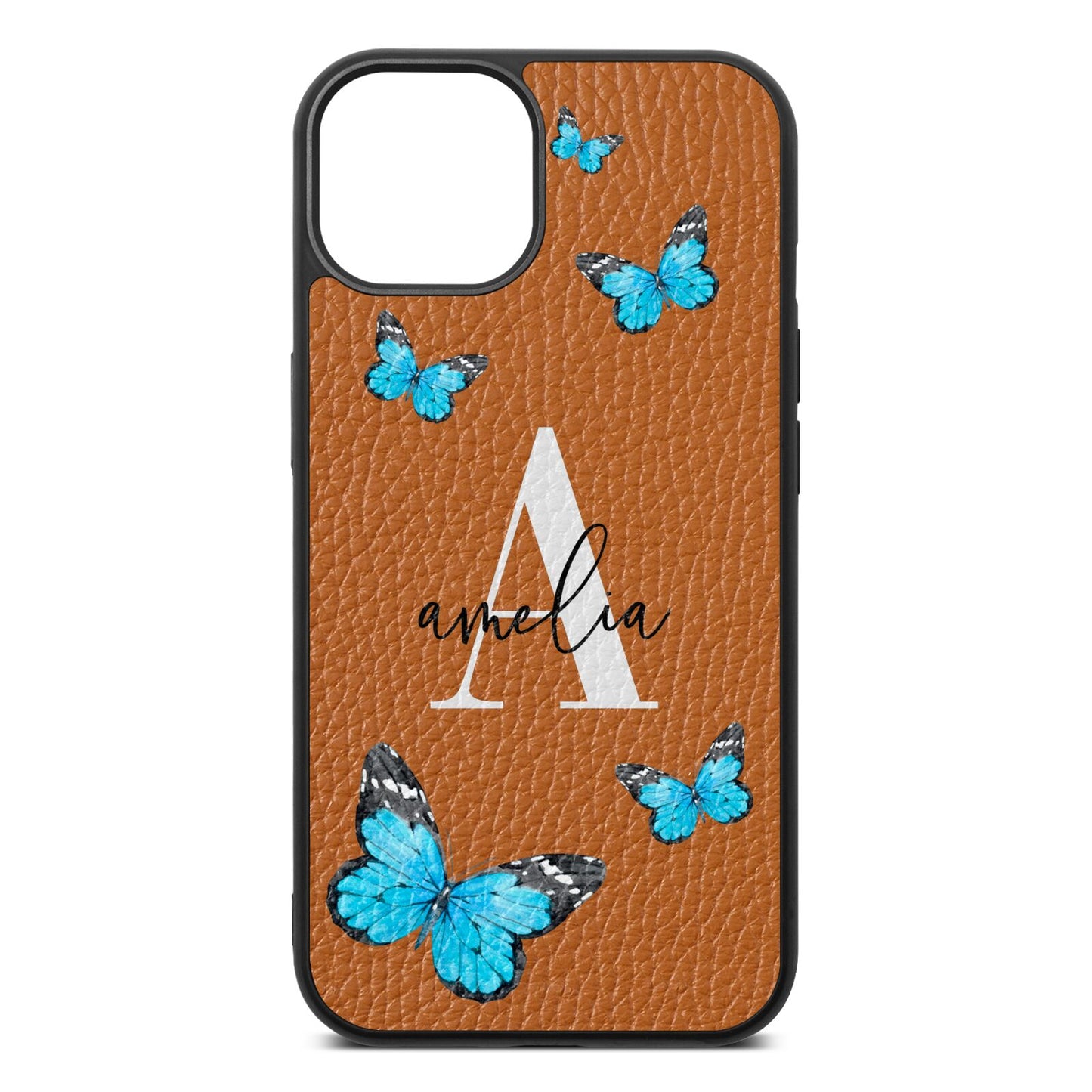 Blue Butterflies with Initial and Name Tan Pebble Leather iPhone 13 Case