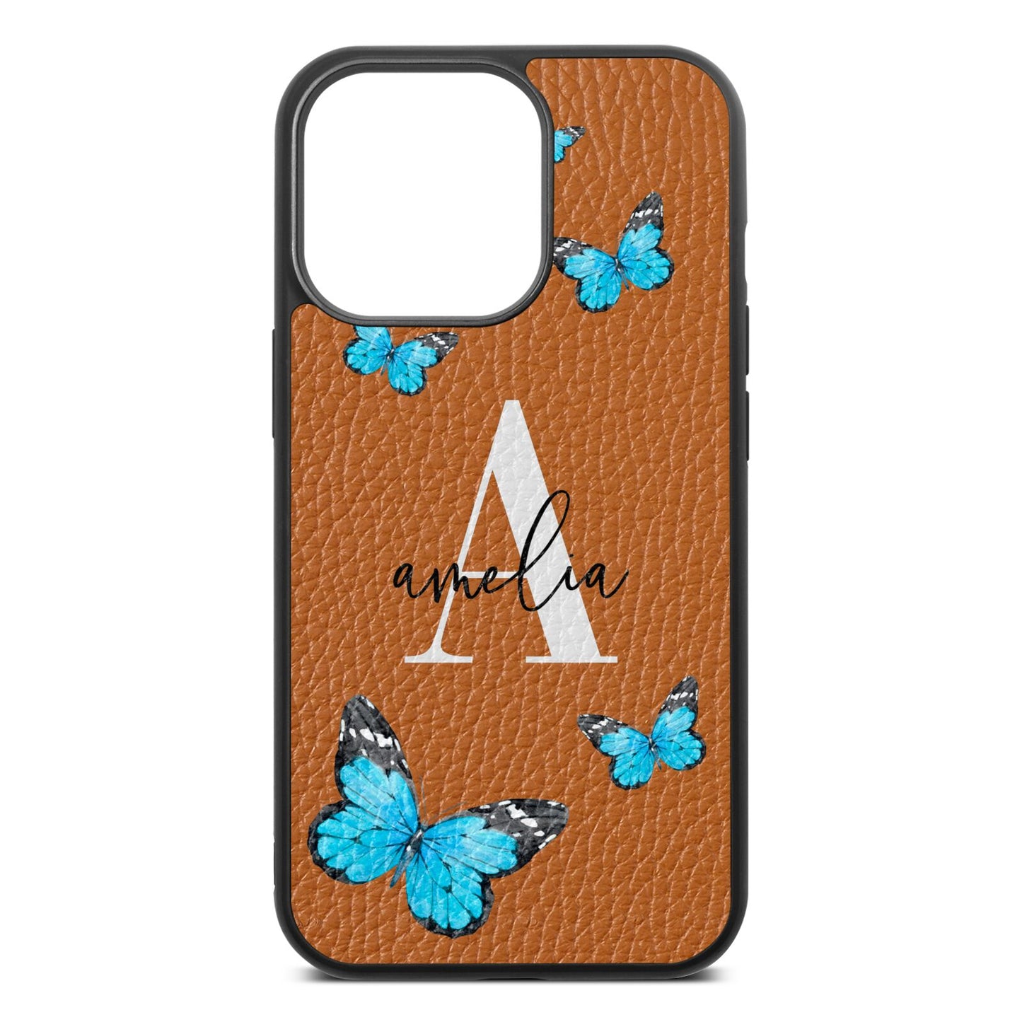 Blue Butterflies with Initial and Name Tan Pebble Leather iPhone 13 Pro Case