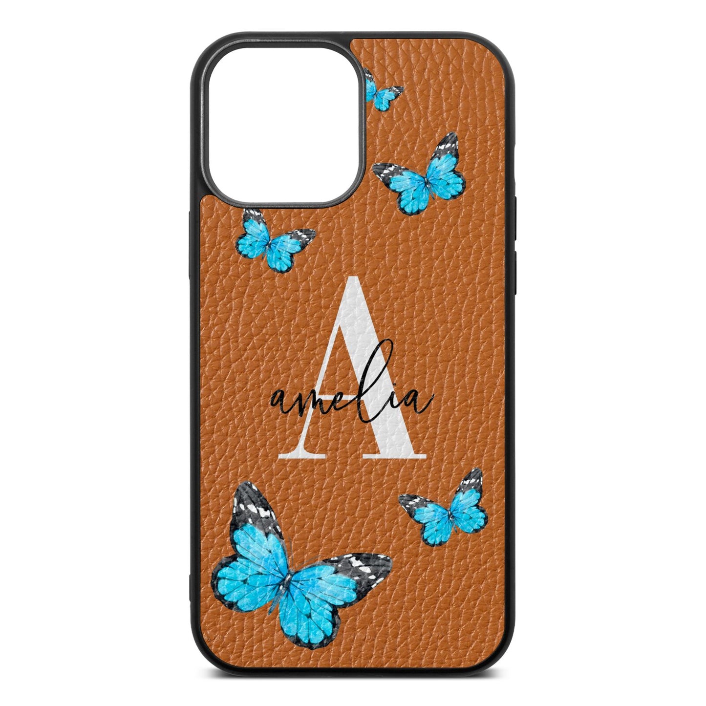 Blue Butterflies with Initial and Name Tan Pebble Leather iPhone 13 Pro Max Case