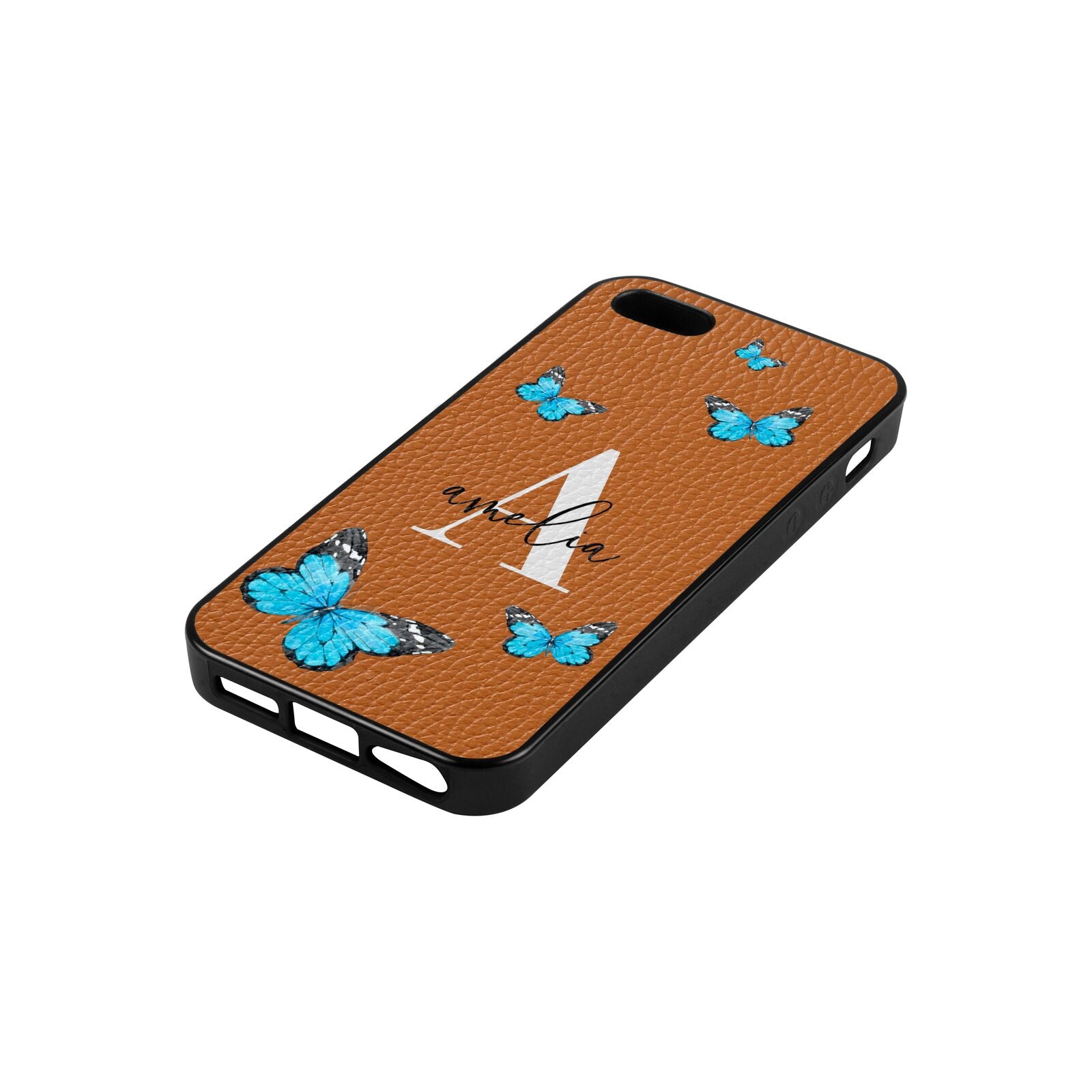 Blue Butterflies with Initial and Name Tan Pebble Leather iPhone 5 Case Side Angle