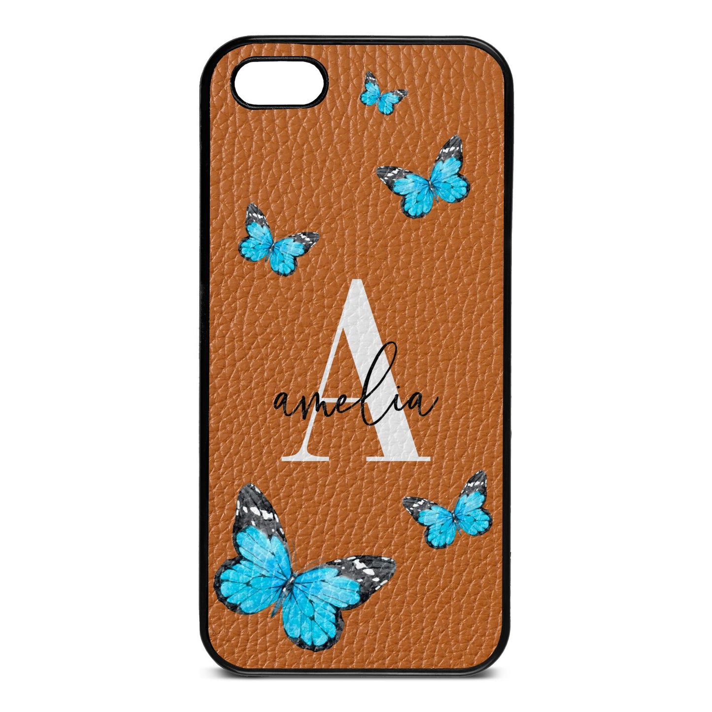 Blue Butterflies with Initial and Name Tan Pebble Leather iPhone 5 Case