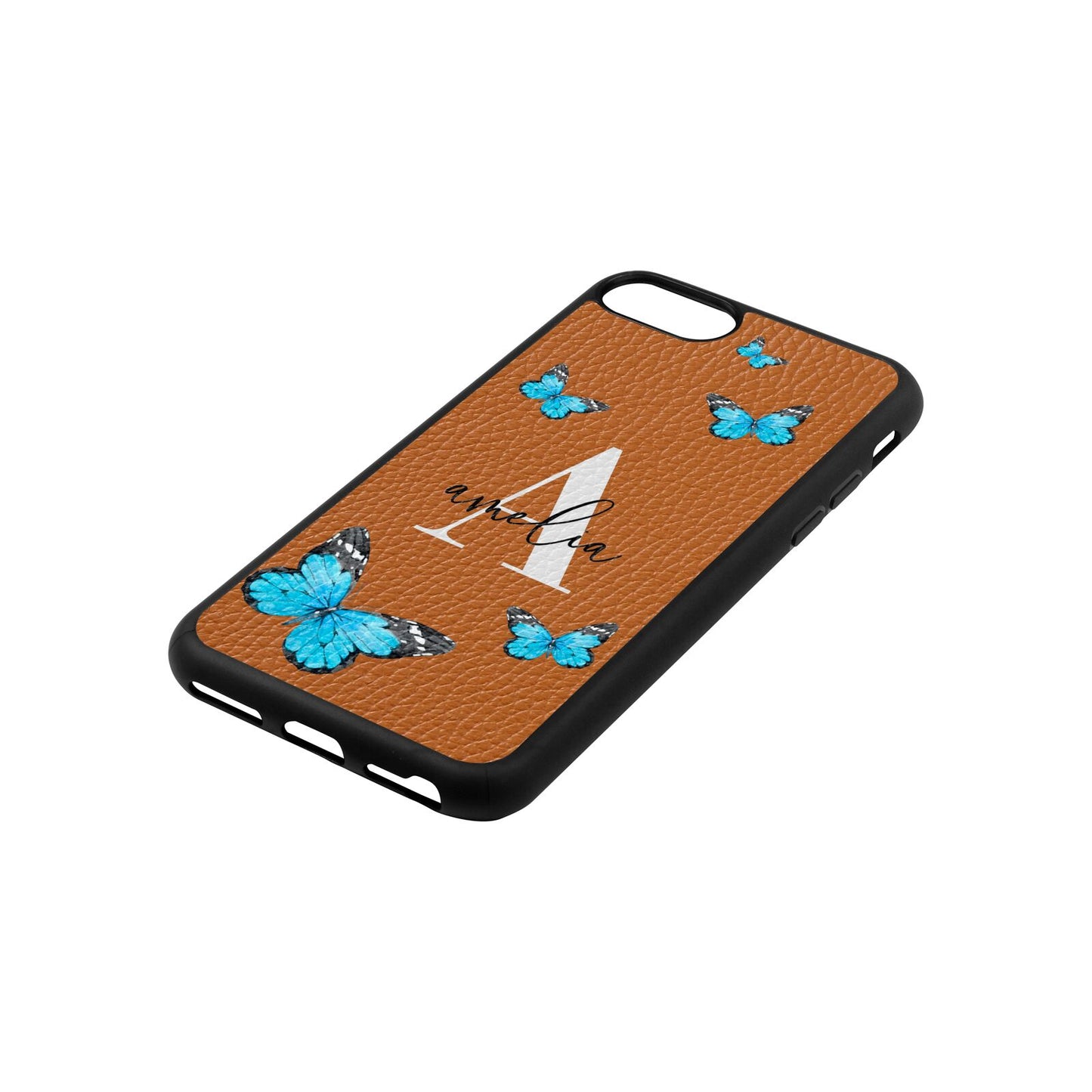 Blue Butterflies with Initial and Name Tan Pebble Leather iPhone 8 Case Side Angle