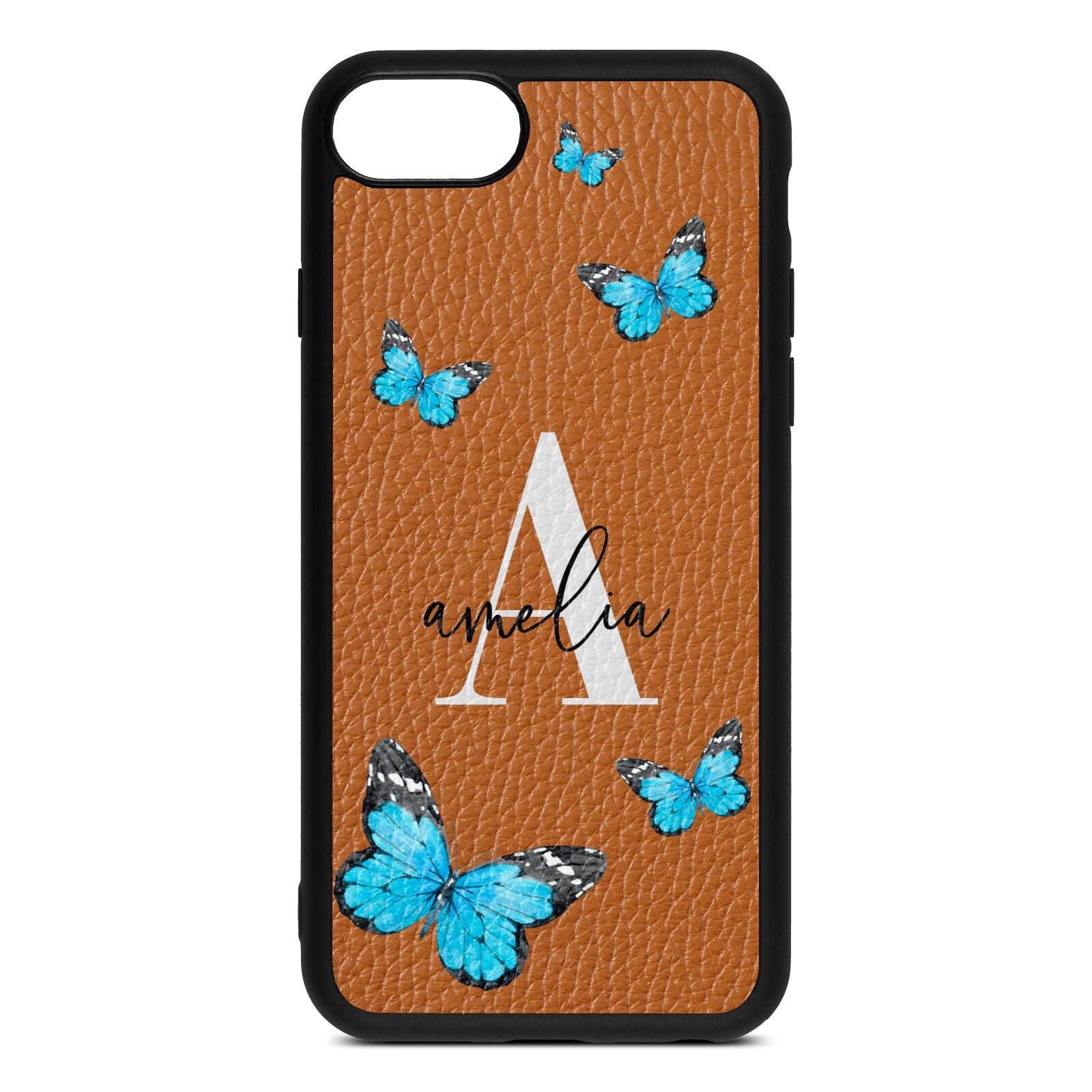 Blue Butterflies with Initial and Name Tan Pebble Leather iPhone 8 Case