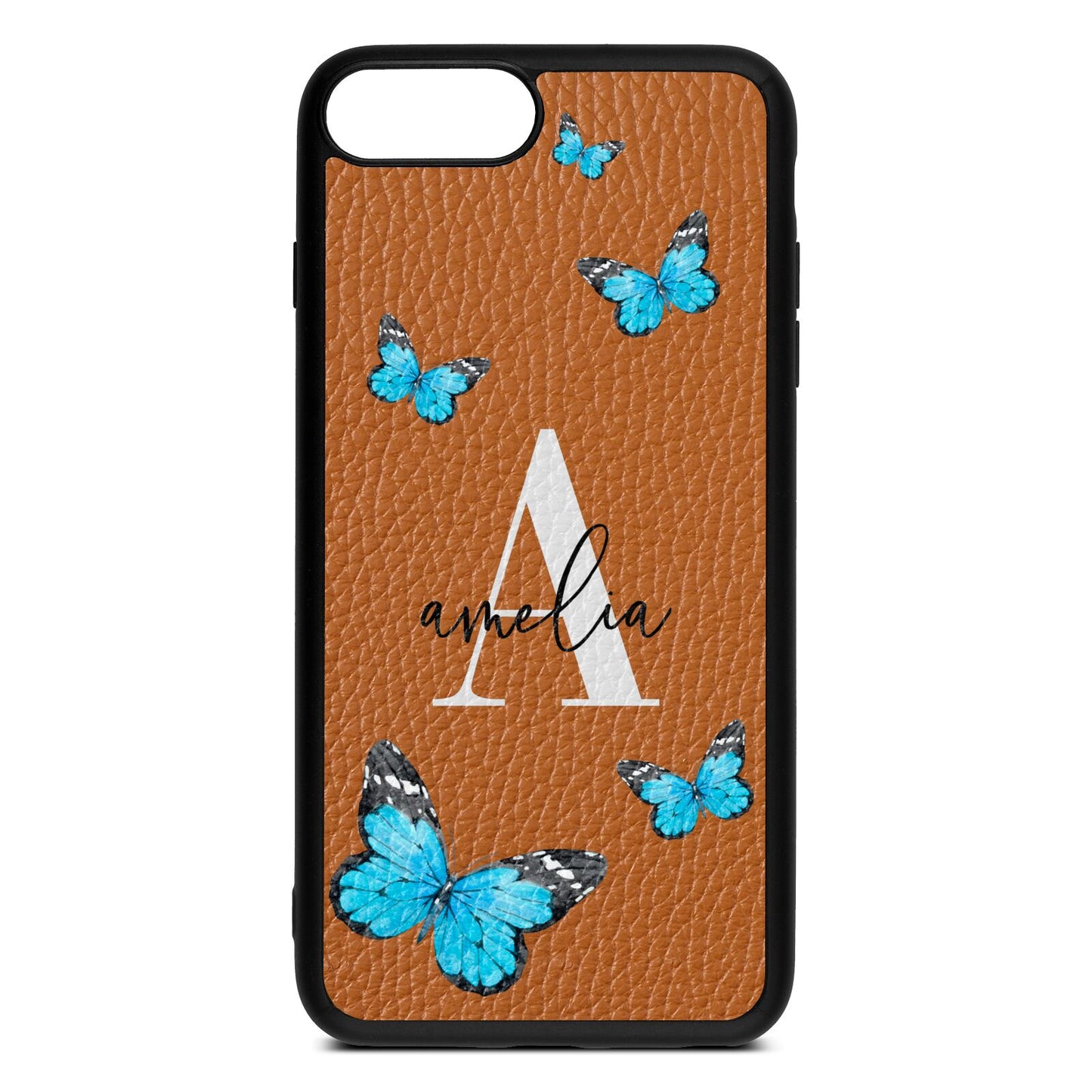 Blue Butterflies with Initial and Name Tan Pebble Leather iPhone 8 Plus Case