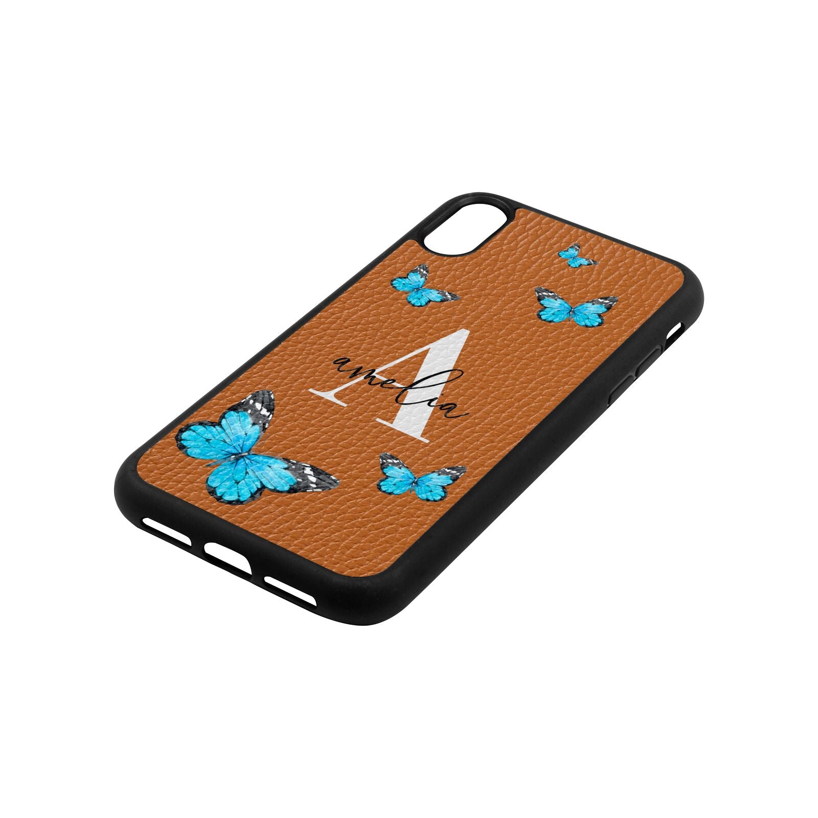 Blue Butterflies with Initial and Name Tan Pebble Leather iPhone Xr Case Side Angle