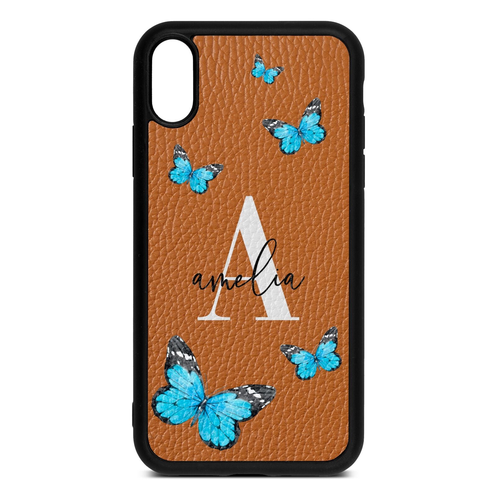 Blue Butterflies with Initial and Name Tan Pebble Leather iPhone Xr Case