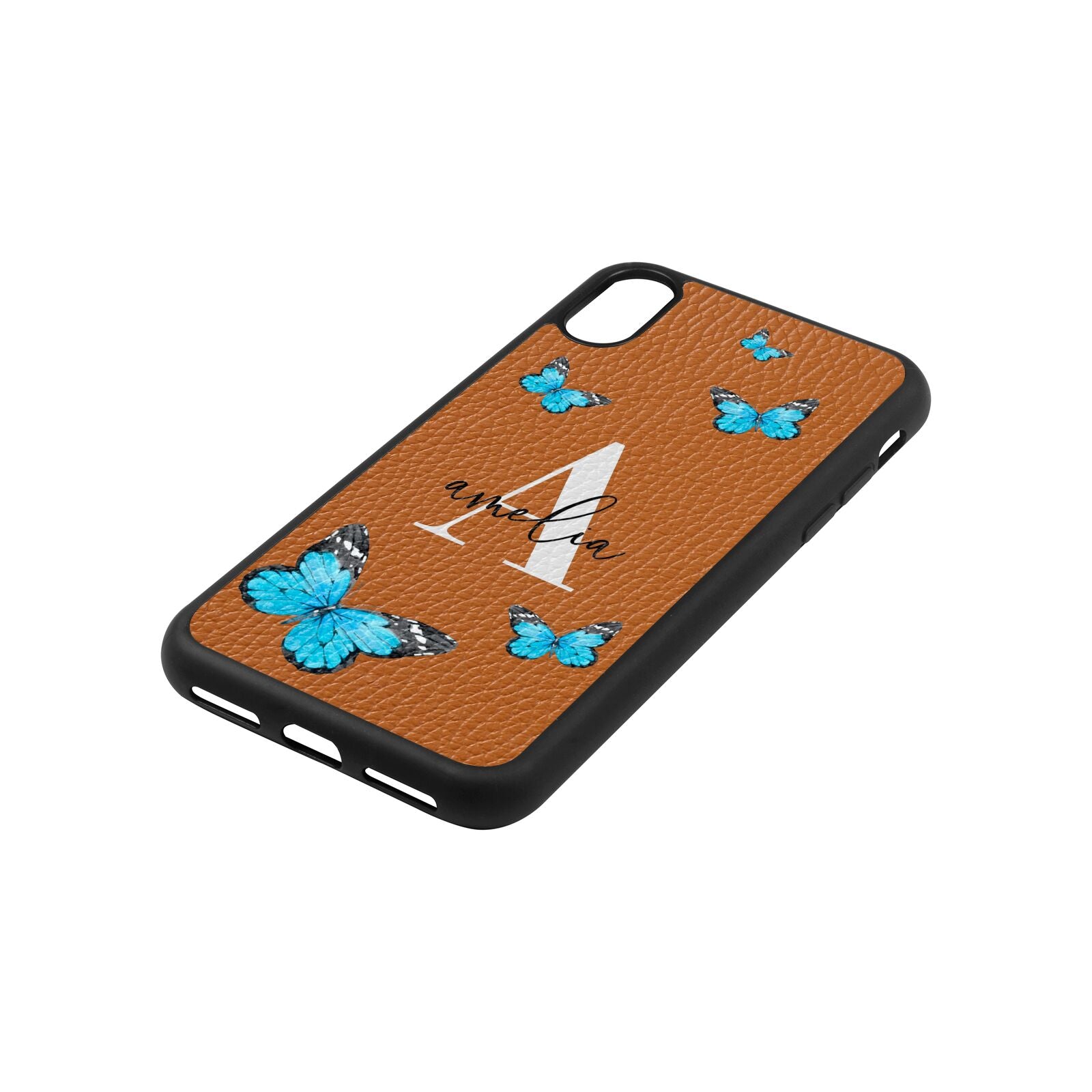 Blue Butterflies with Initial and Name Tan Pebble Leather iPhone Xs Case Side Angle