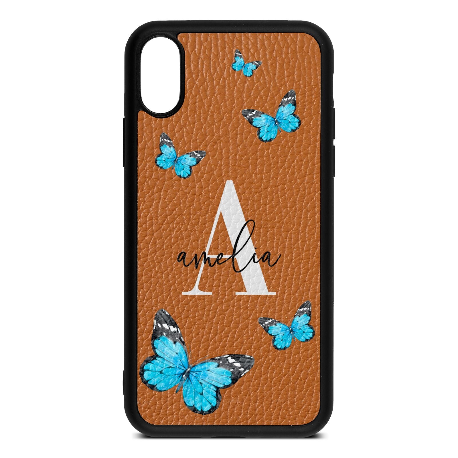 Blue Butterflies with Initial and Name Tan Pebble Leather iPhone Xs Case