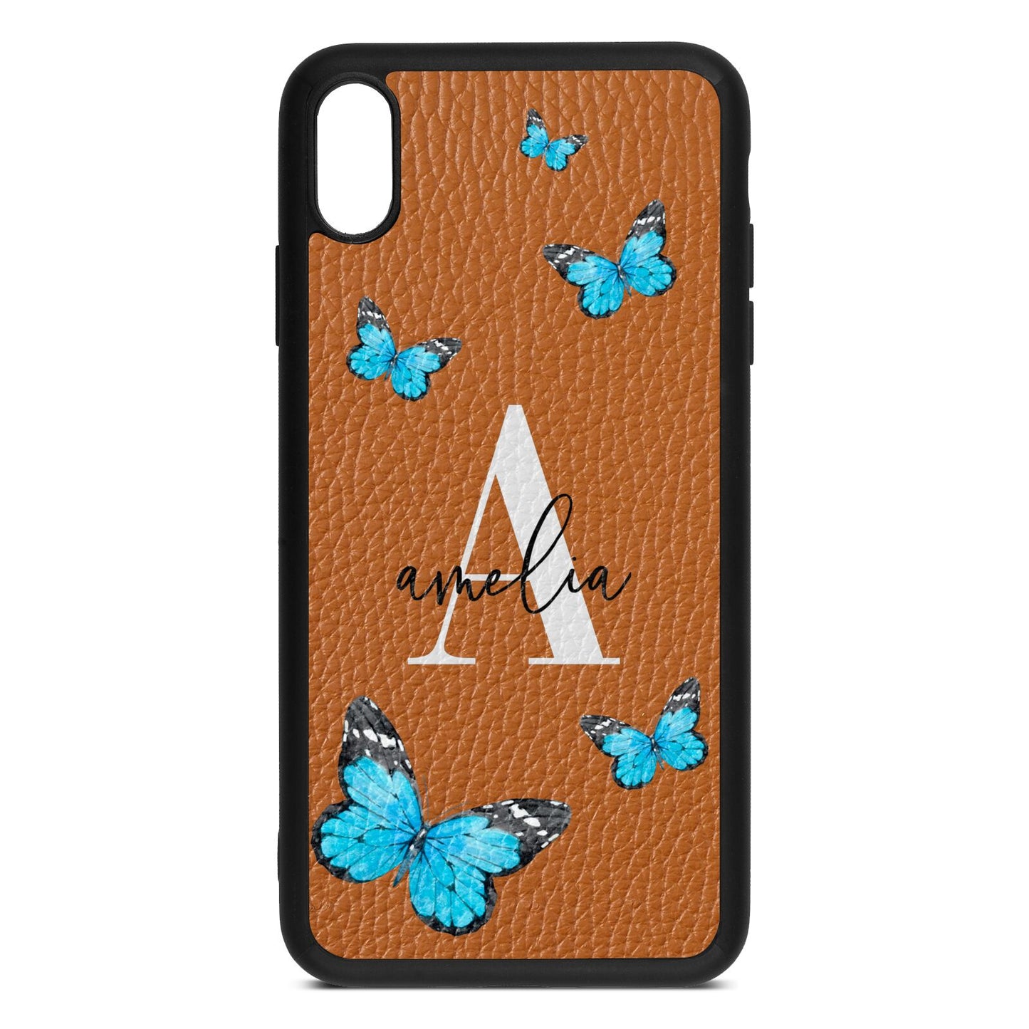 Blue Butterflies with Initial and Name Tan Pebble Leather iPhone Xs Max Case