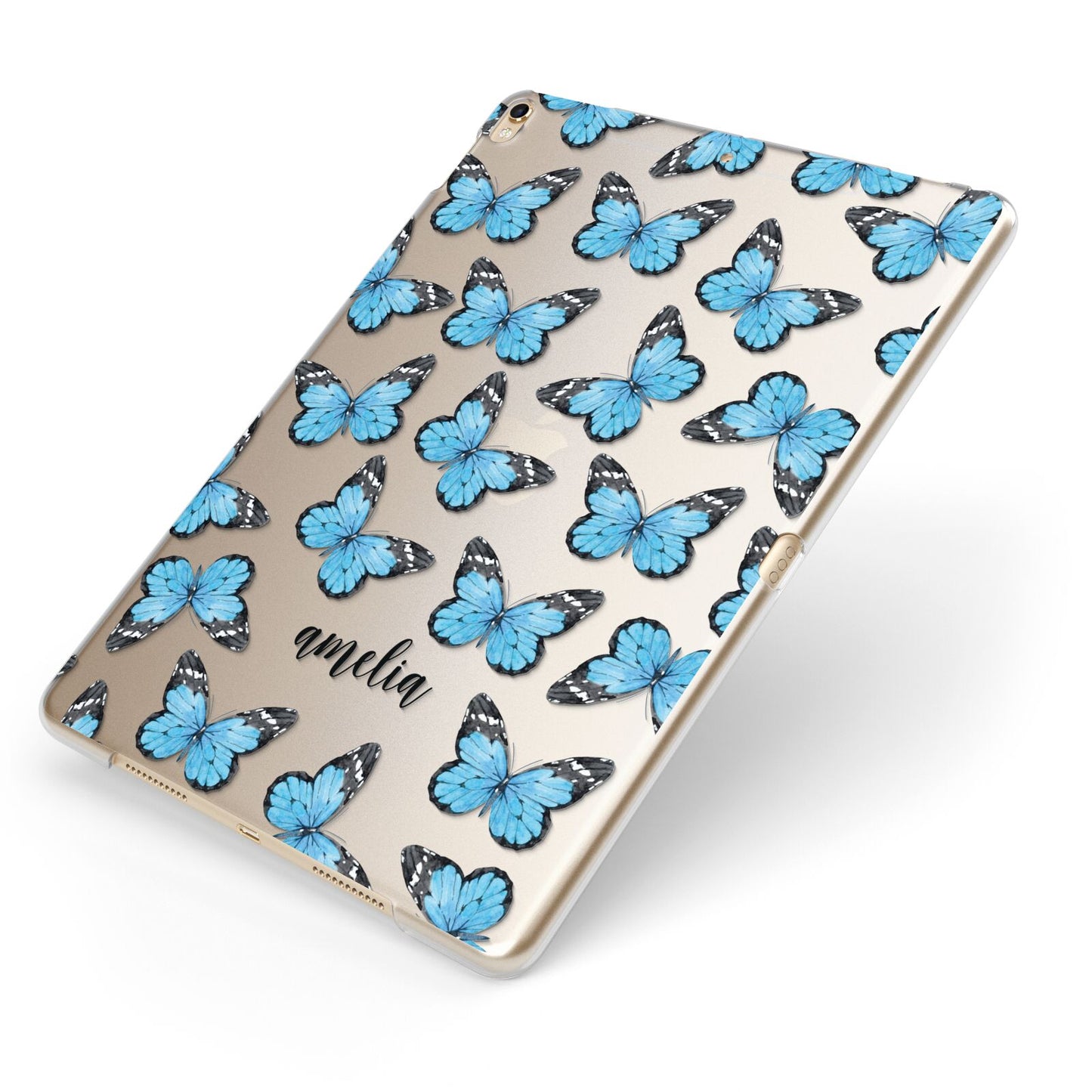 Blue Butterflies with Name Apple iPad Case on Gold iPad Side View