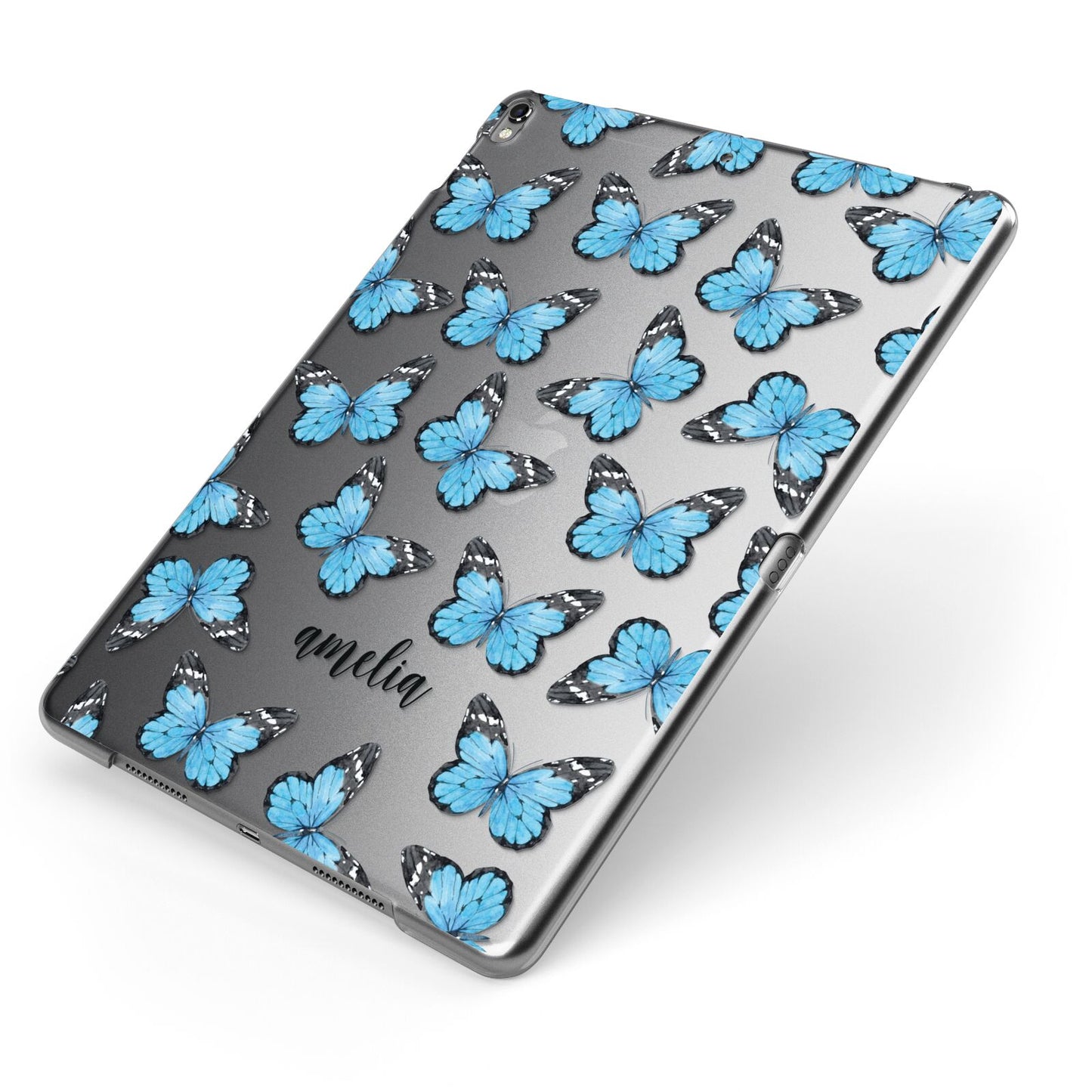 Blue Butterflies with Name Apple iPad Case on Grey iPad Side View