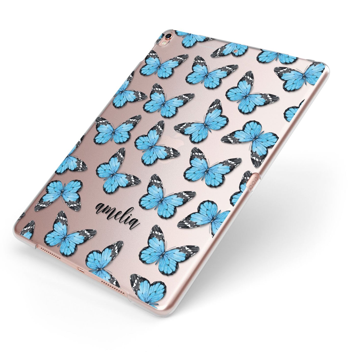 Blue Butterflies with Name Apple iPad Case on Rose Gold iPad Side View