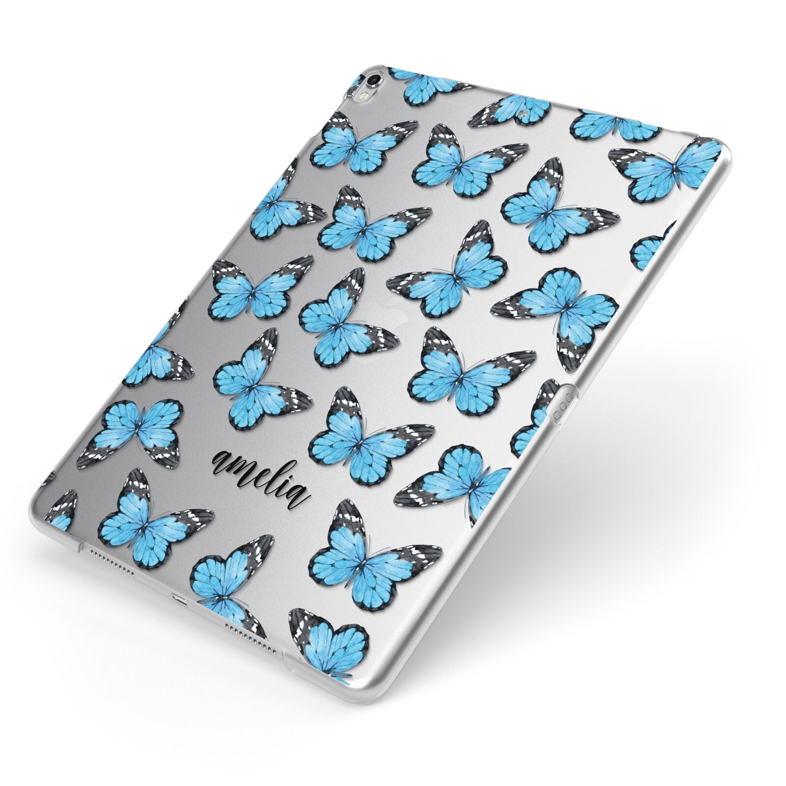 Blue Butterflies with Name Apple iPad Case on Silver iPad Side View