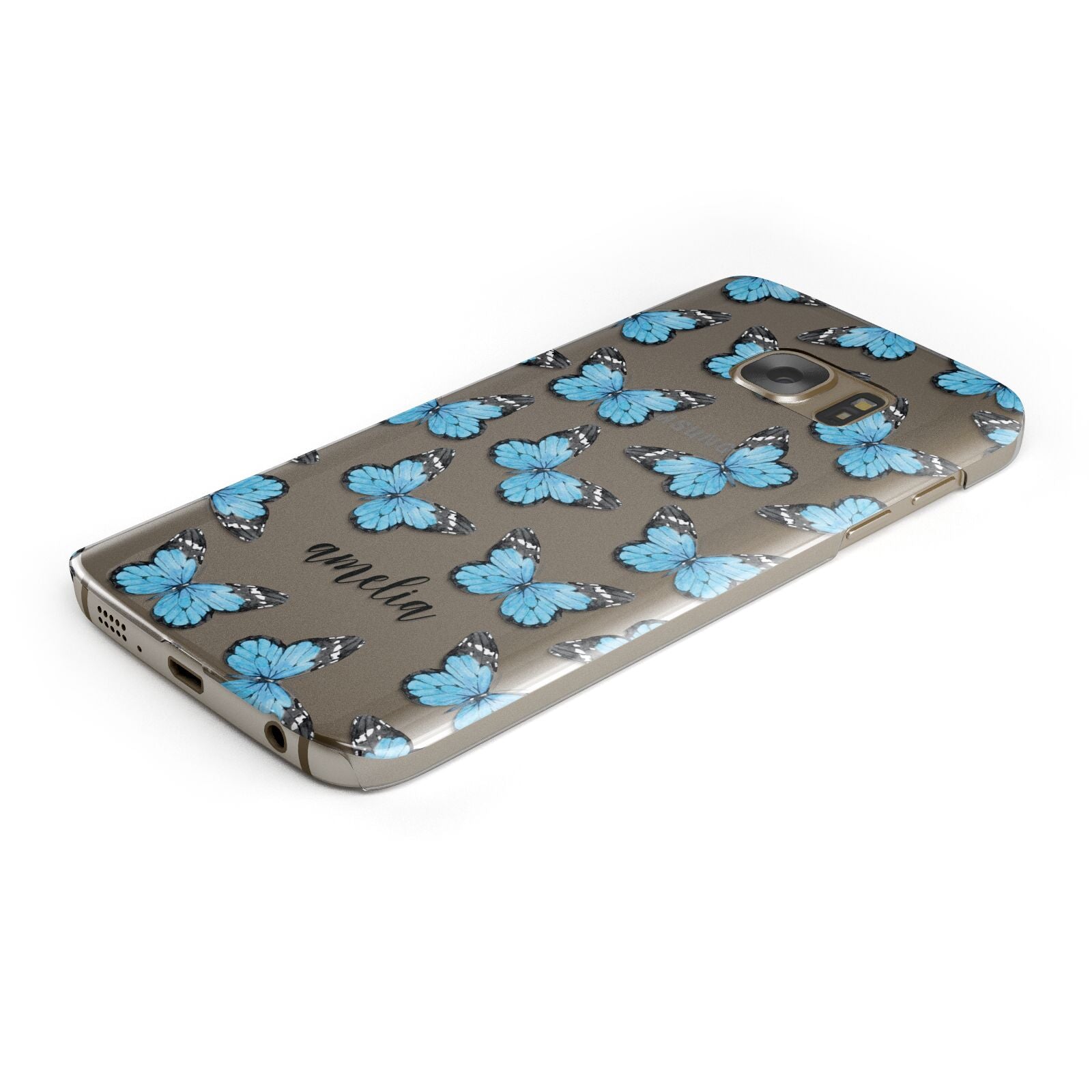 Blue Butterflies with Name Protective Samsung Galaxy Case Angled Image