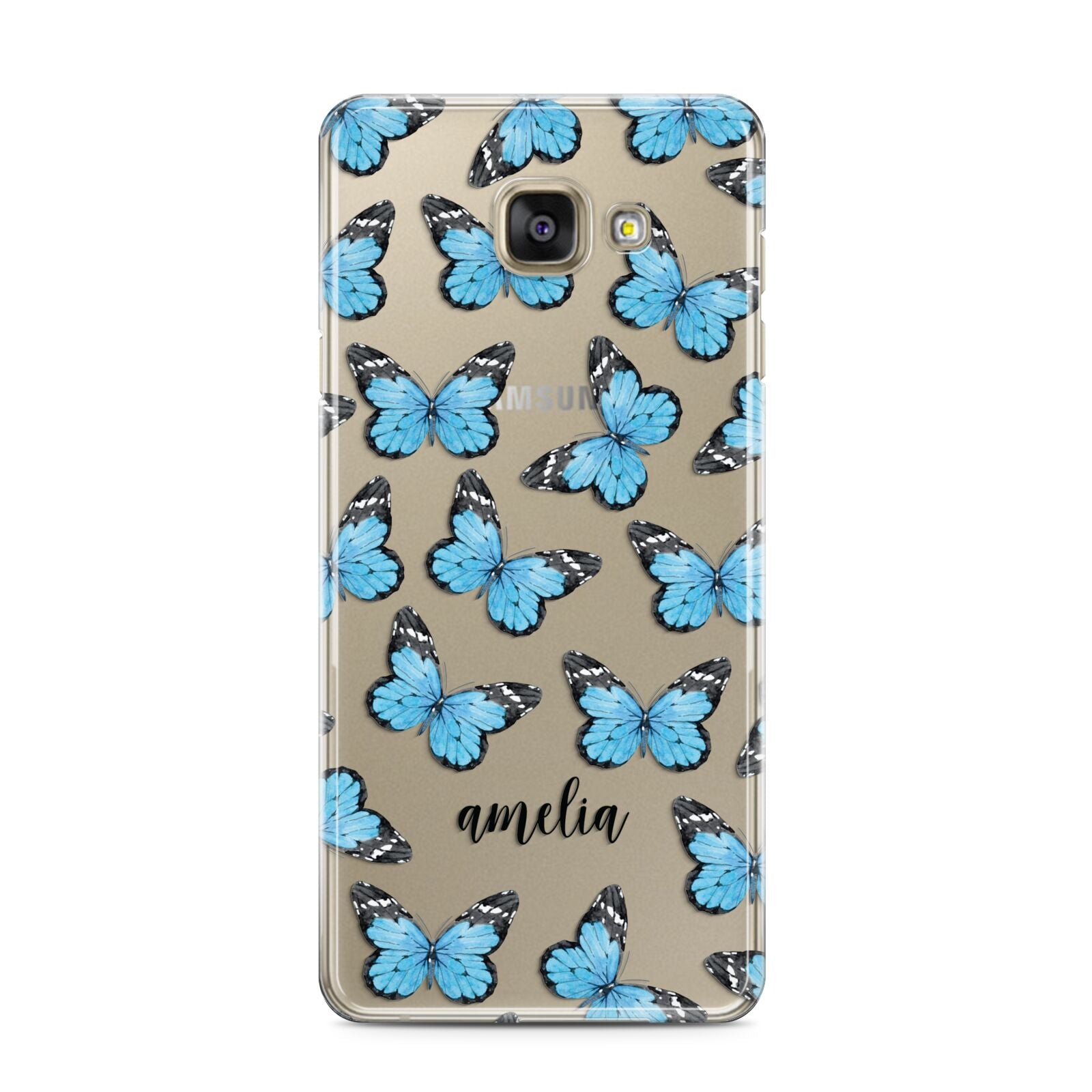 Blue Butterflies with Name Samsung Galaxy A3 2016 Case on gold phone