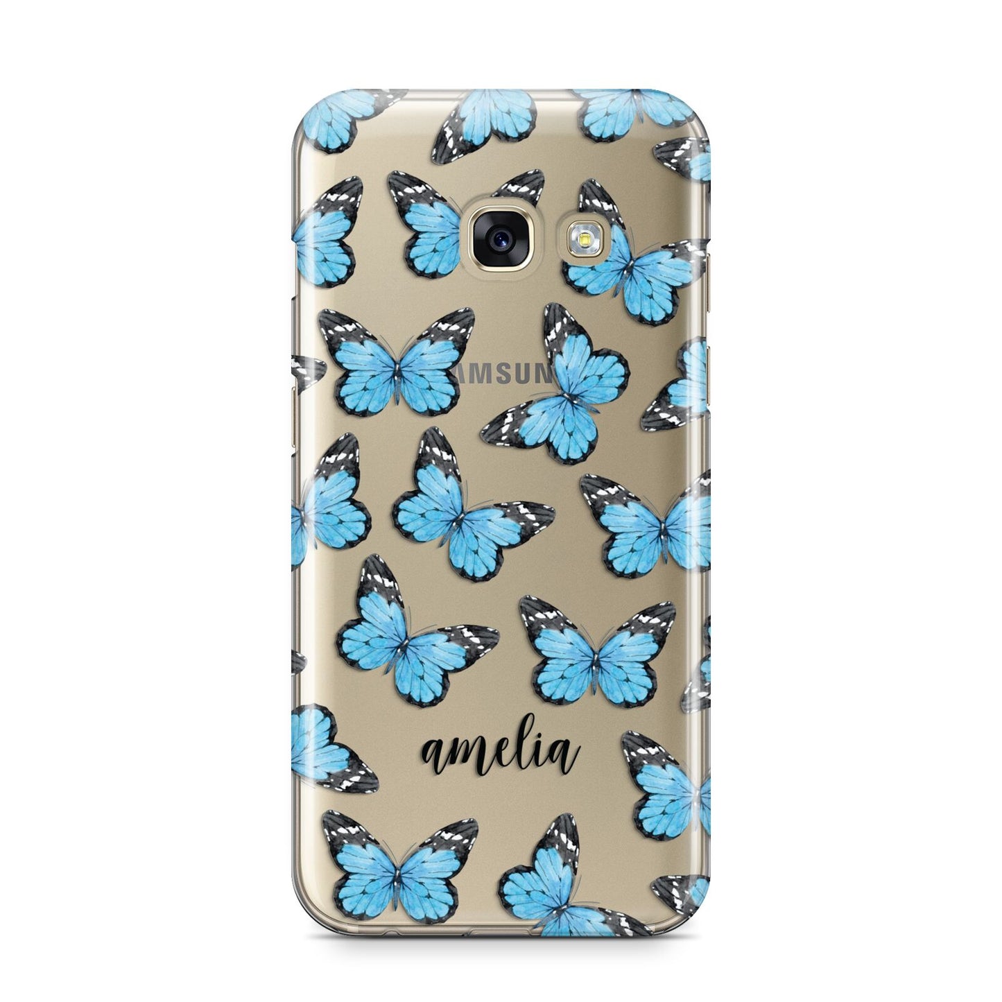 Blue Butterflies with Name Samsung Galaxy A3 2017 Case on gold phone