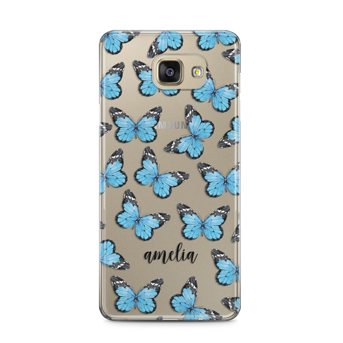 Blue Butterflies with Name Samsung Galaxy A5 2016 Case on gold phone