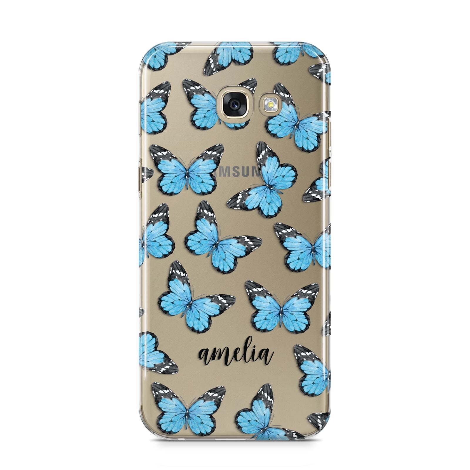 Blue Butterflies with Name Samsung Galaxy A5 2017 Case on gold phone