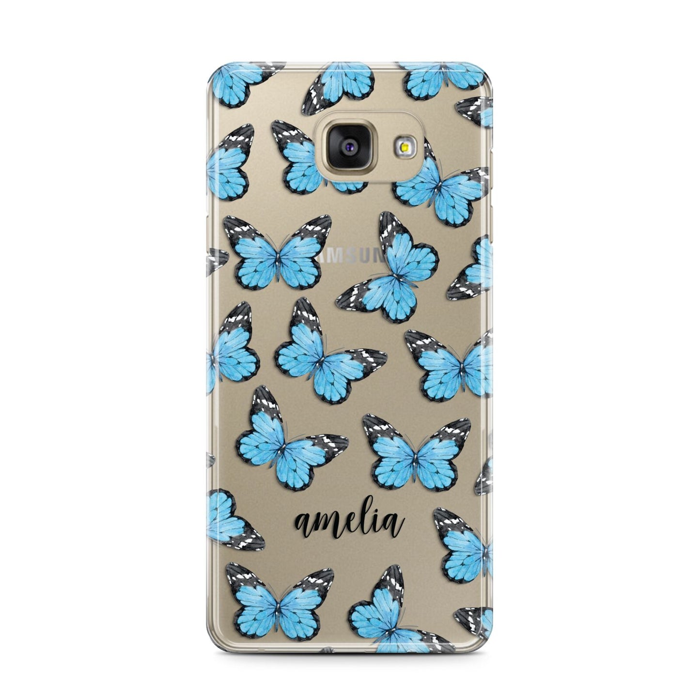 Blue Butterflies with Name Samsung Galaxy A7 2016 Case on gold phone