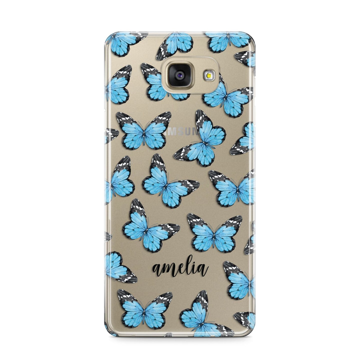 Blue Butterflies with Name Samsung Galaxy A9 2016 Case on gold phone