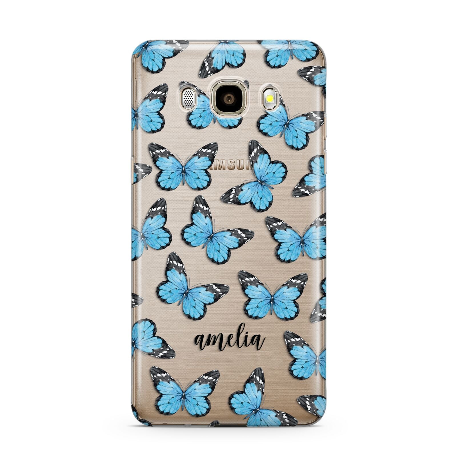 Blue Butterflies with Name Samsung Galaxy J7 2016 Case on gold phone