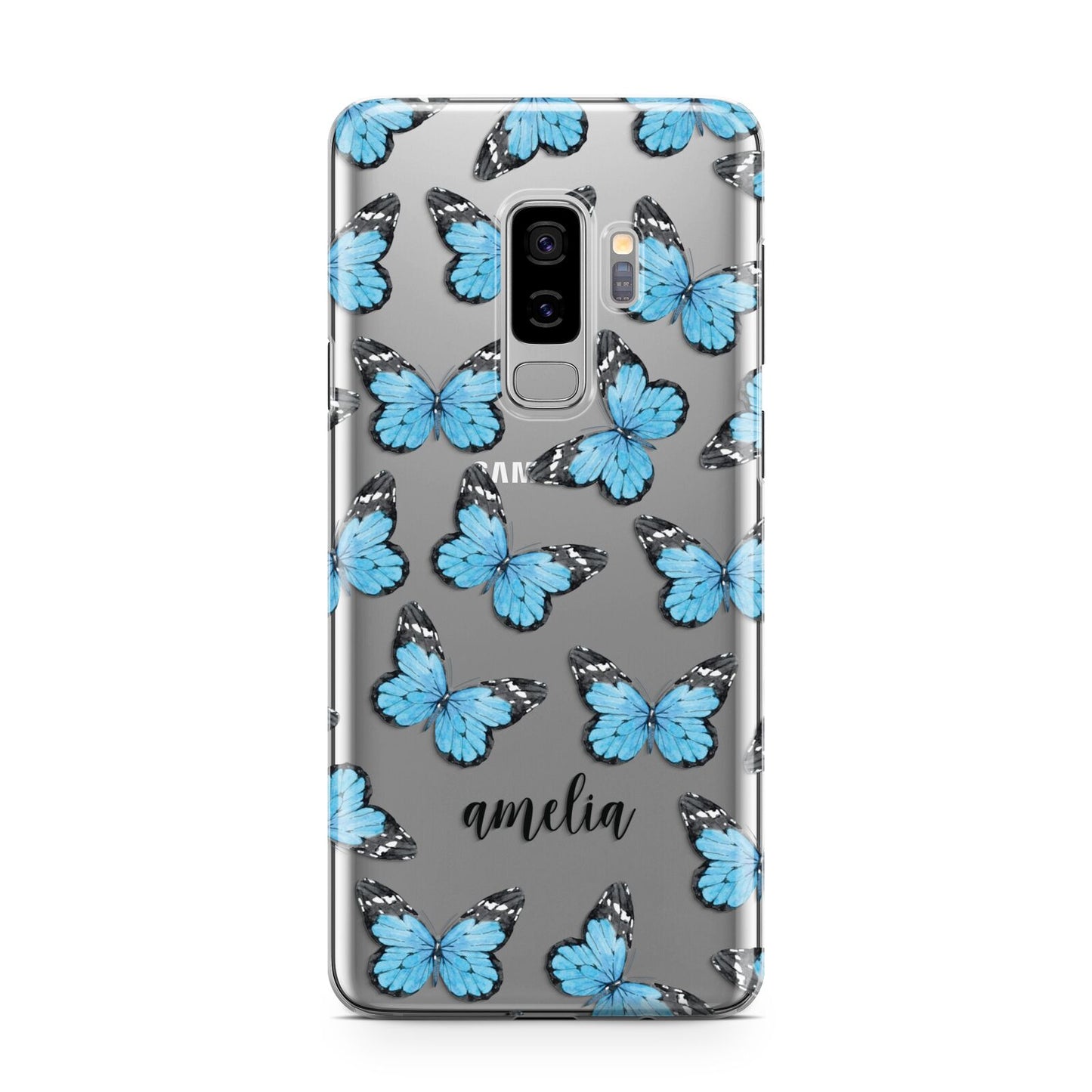 Blue Butterflies with Name Samsung Galaxy S9 Plus Case on Silver phone