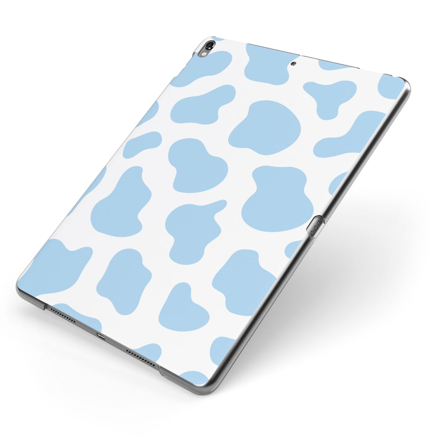 Blue Cow Print Apple iPad Case on Grey iPad Side View