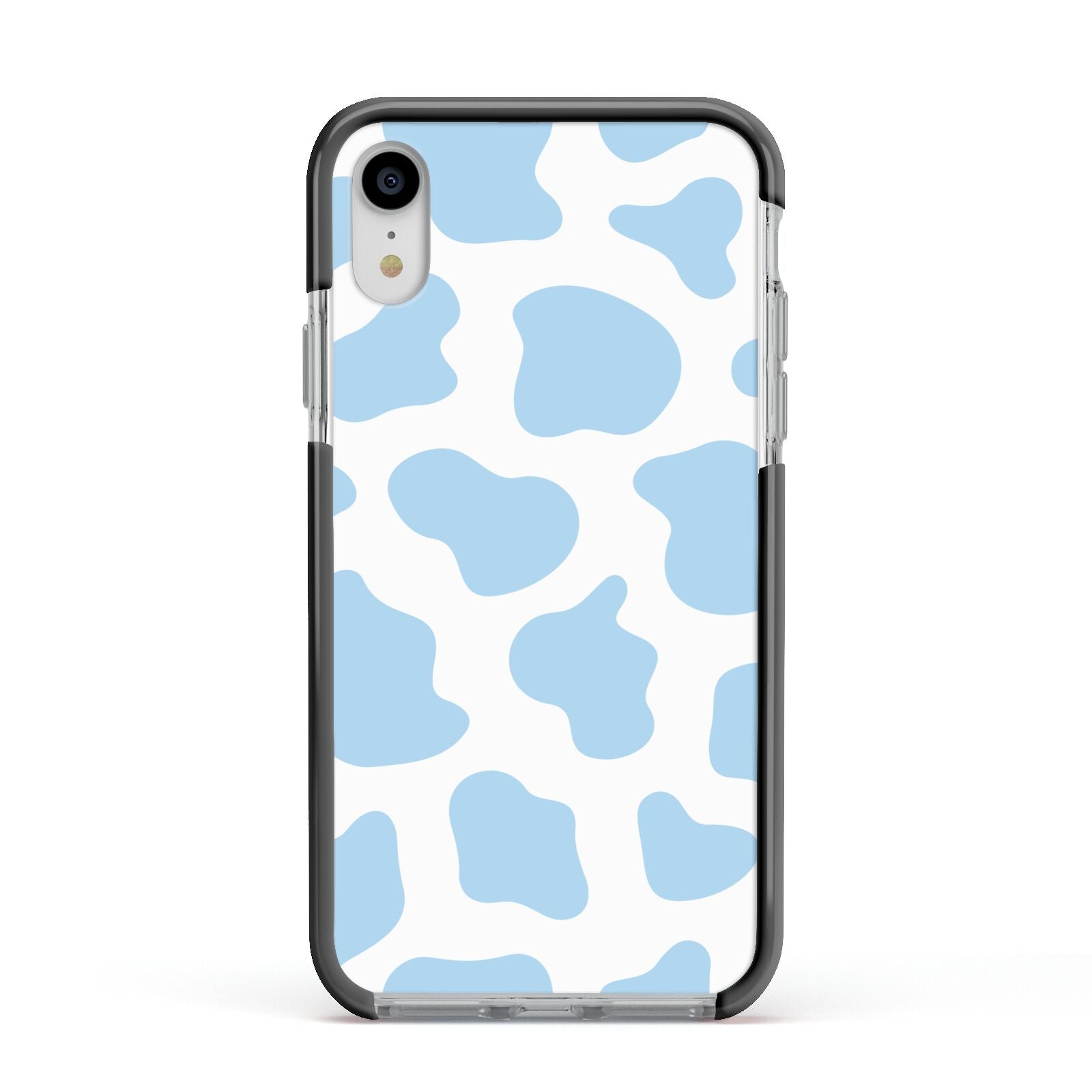 Blue Cow Print Apple iPhone XR Impact Case Black Edge on Silver Phone