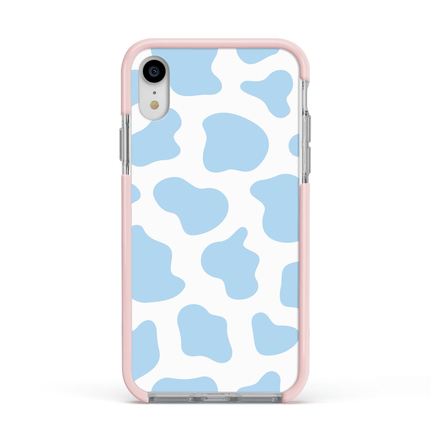 Blue Cow Print Apple iPhone XR Impact Case Pink Edge on Silver Phone