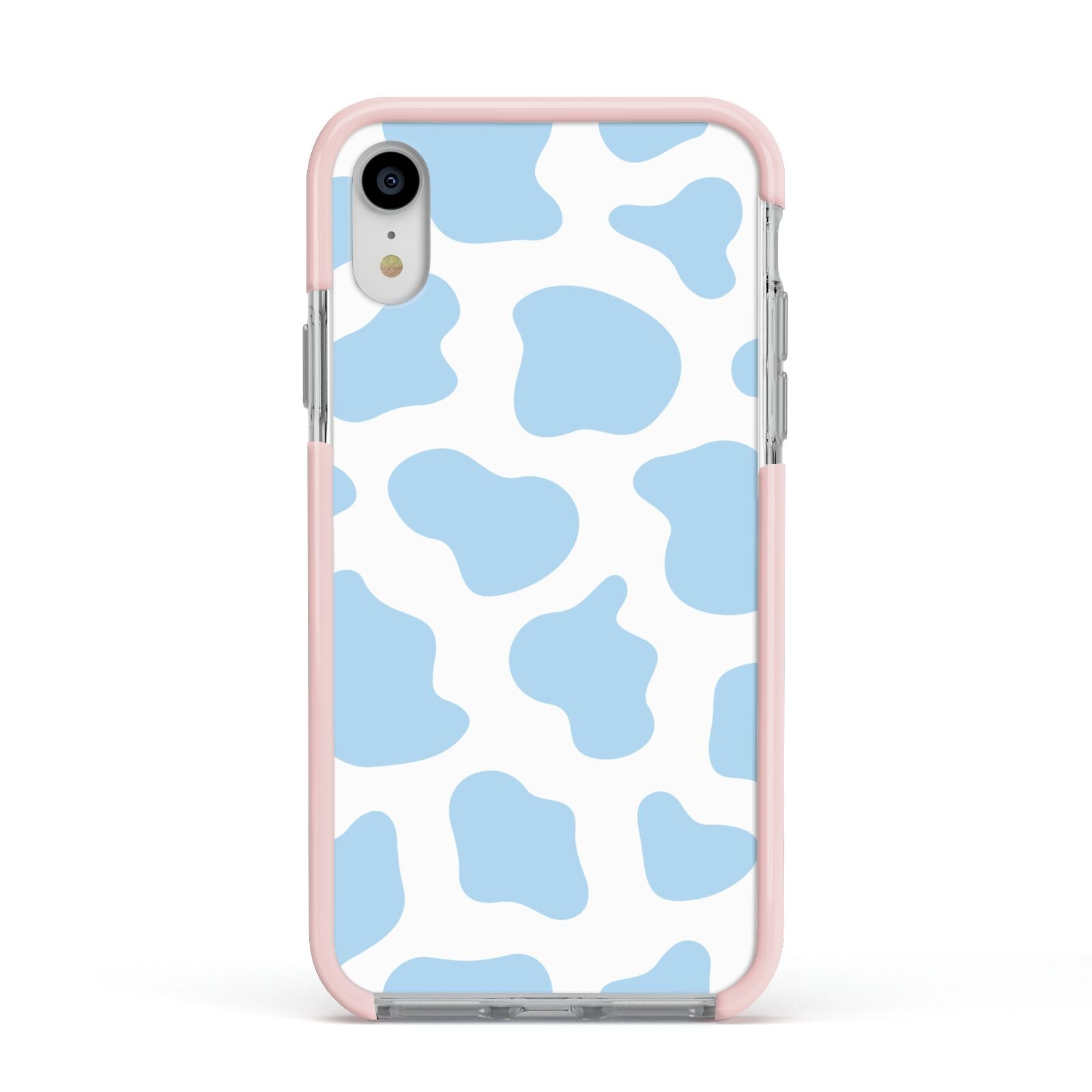 Blue Cow Print Apple iPhone XR Impact Case Pink Edge on Silver Phone