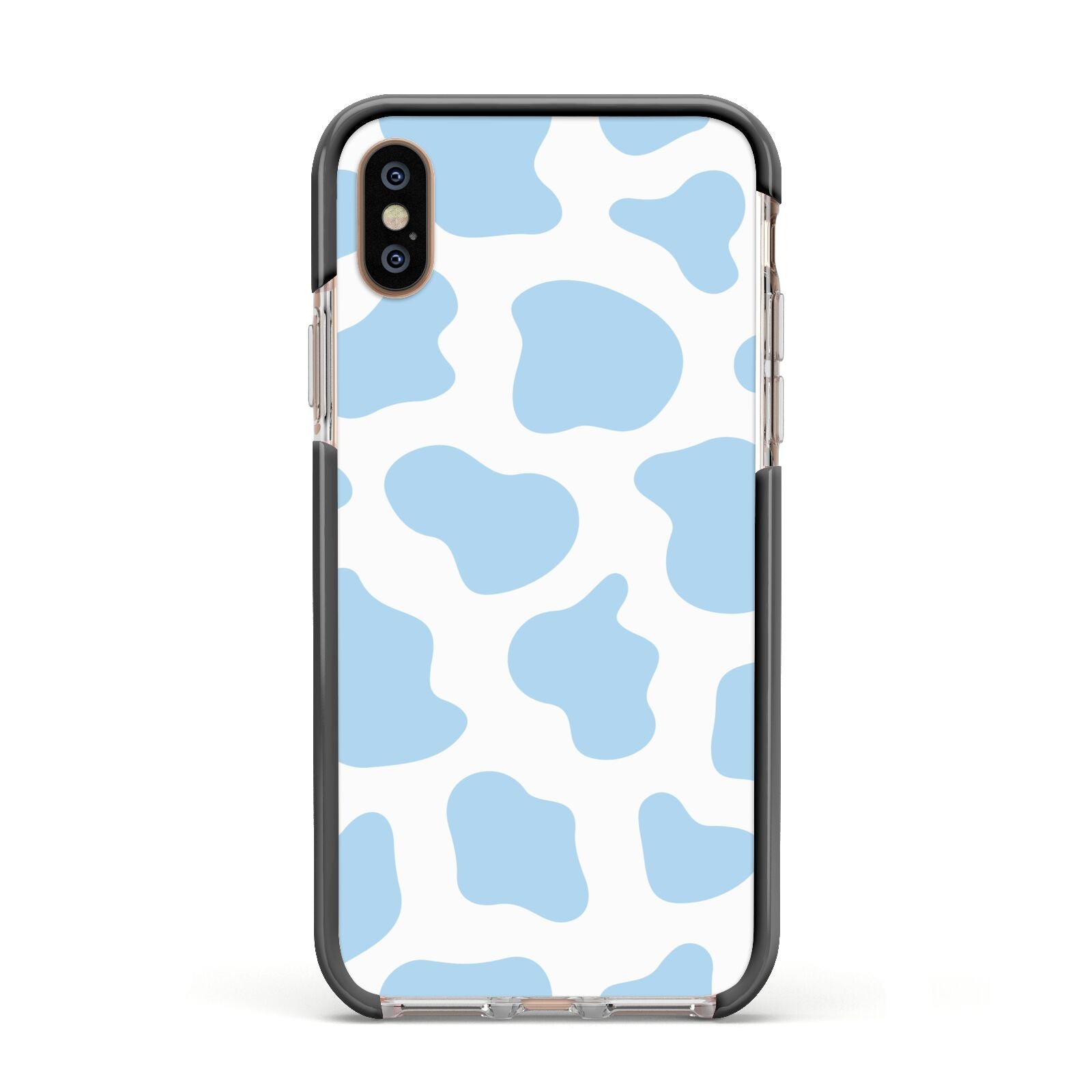 Blue Cow Print Apple iPhone Xs Impact Case Black Edge on Gold Phone