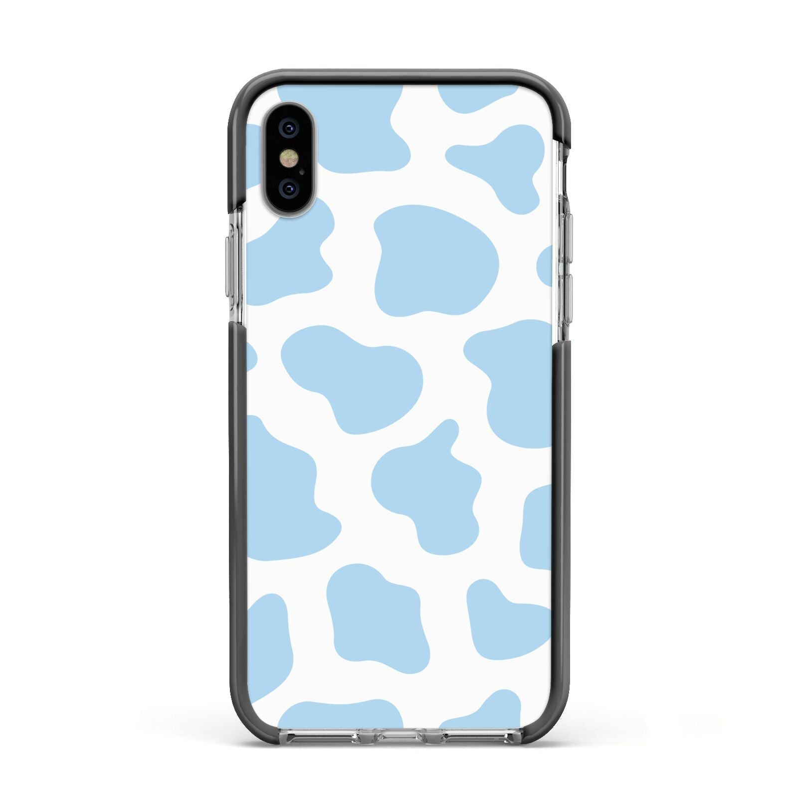 Blue Cow Print Apple iPhone Xs Impact Case Black Edge on Silver Phone