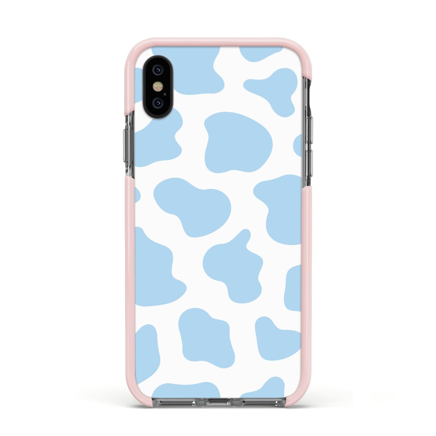 Blue Cow Print Apple iPhone Xs Impact Case Pink Edge on Black Phone