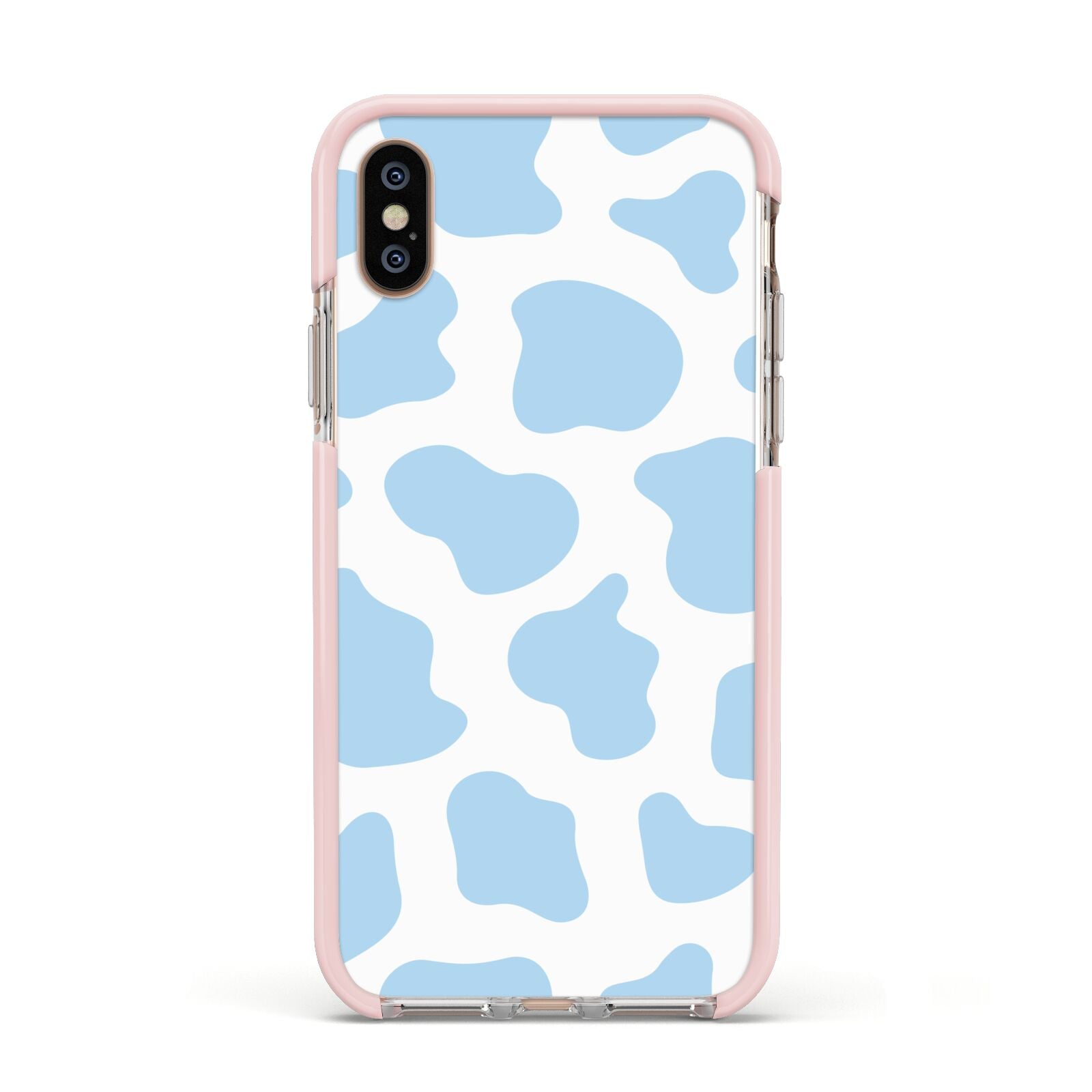 Blue Cow Print Apple iPhone Xs Impact Case Pink Edge on Gold Phone