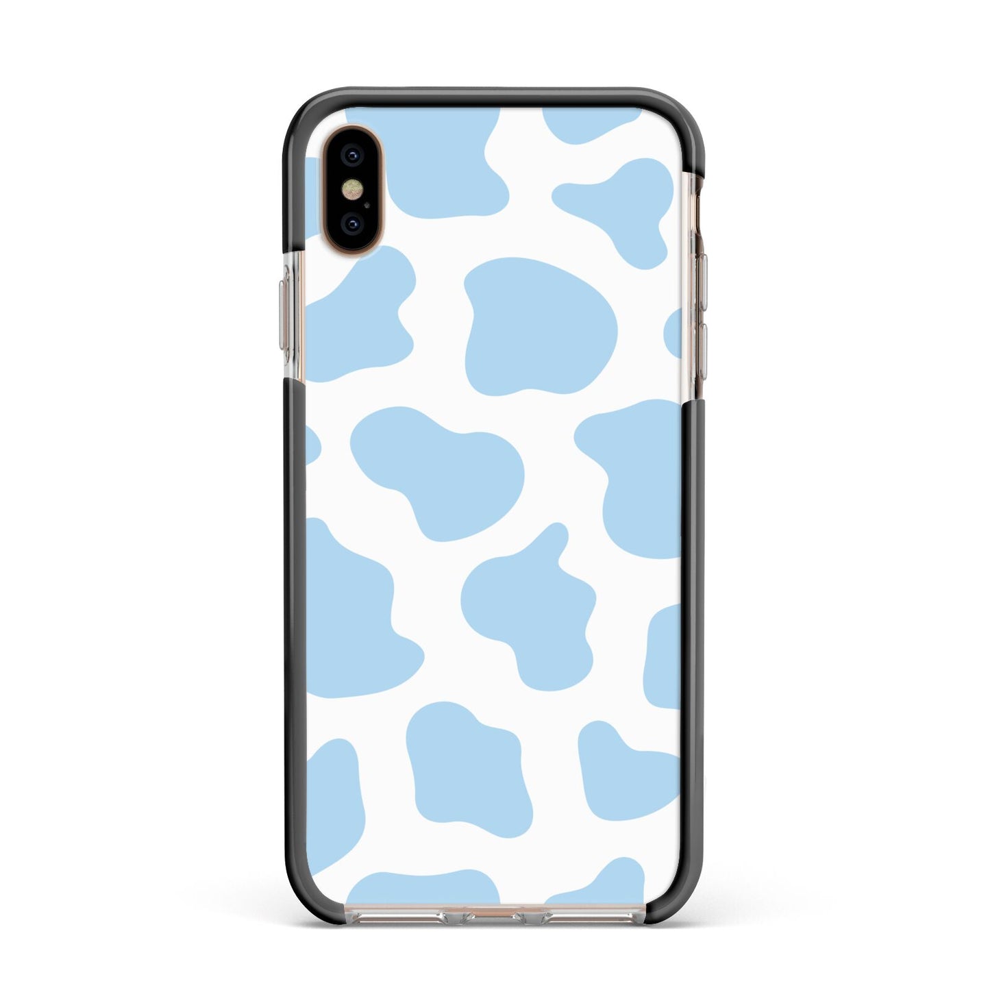 Blue Cow Print Apple iPhone Xs Max Impact Case Black Edge on Gold Phone