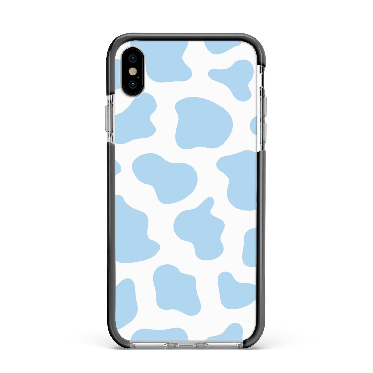 Blue Cow Print Apple iPhone Xs Max Impact Case Black Edge on Silver Phone