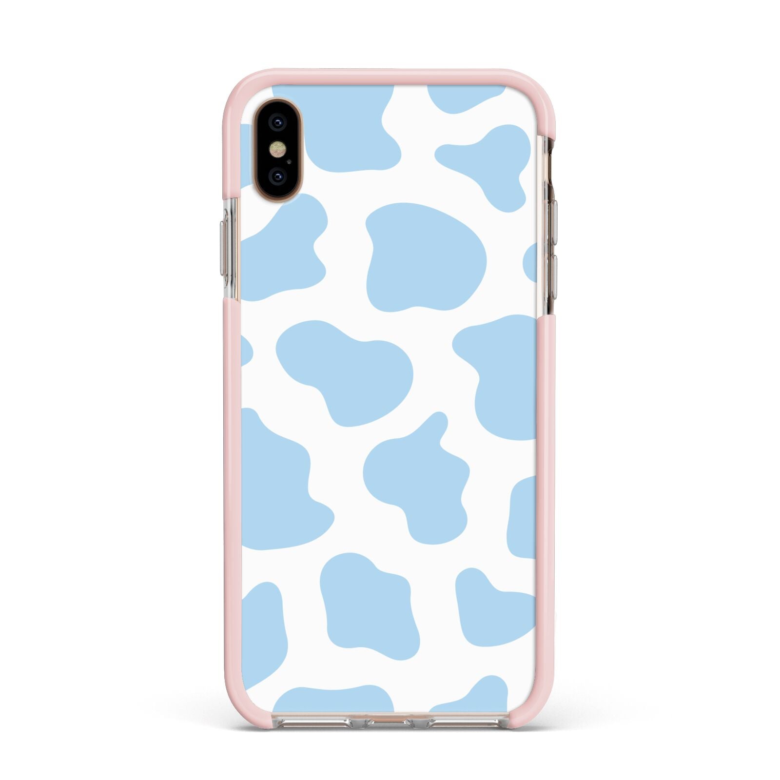 Blue Cow Print Apple iPhone Xs Max Impact Case Pink Edge on Gold Phone