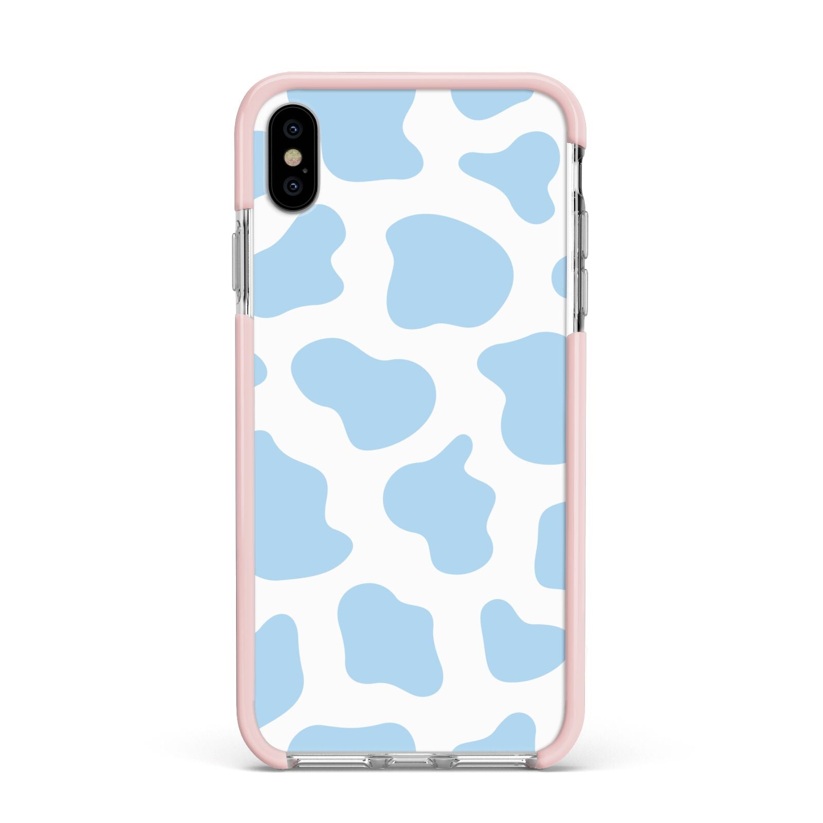 Blue Cow Print Apple iPhone Xs Max Impact Case Pink Edge on Silver Phone