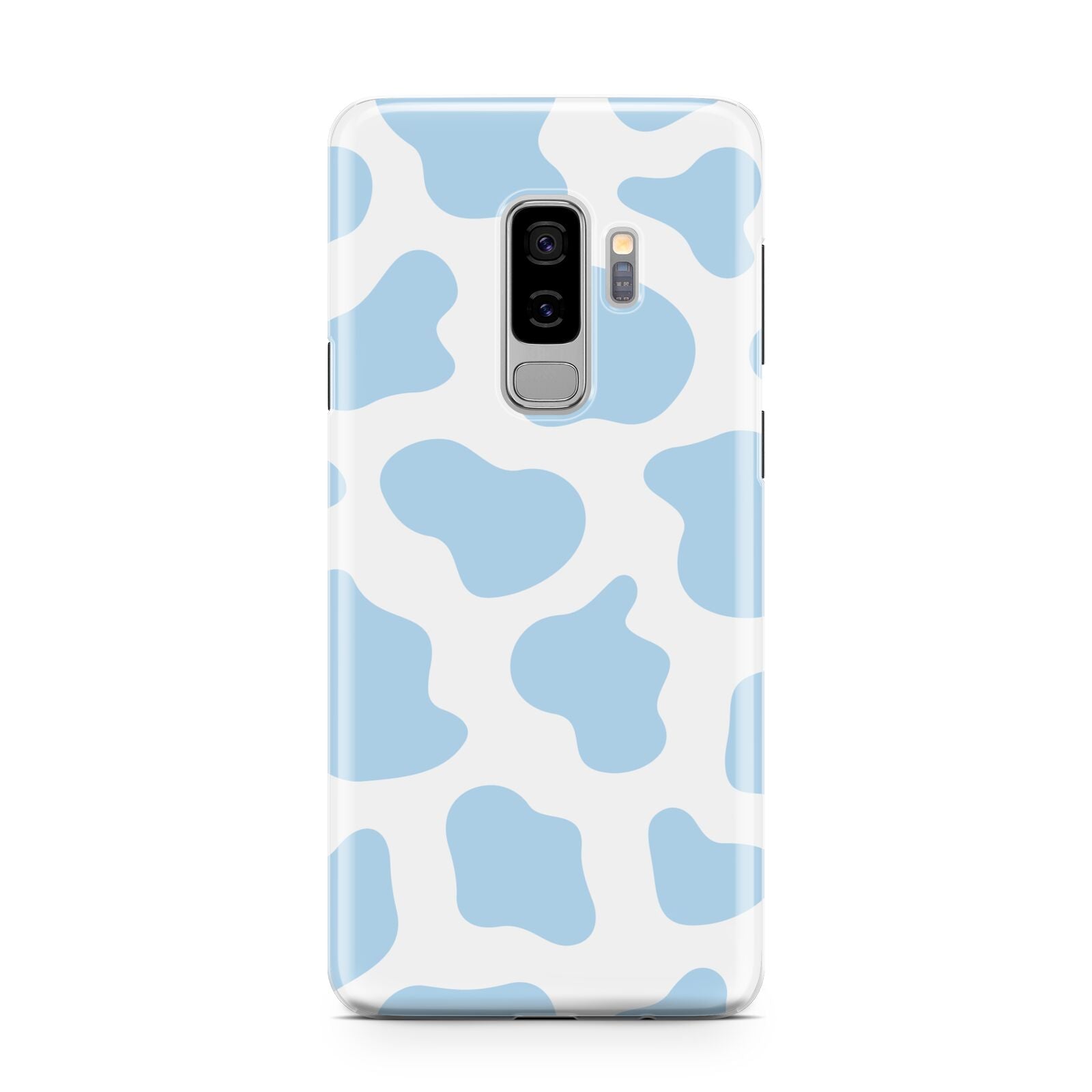 Blue Cow Print Samsung Galaxy S9 Plus Case on Silver phone