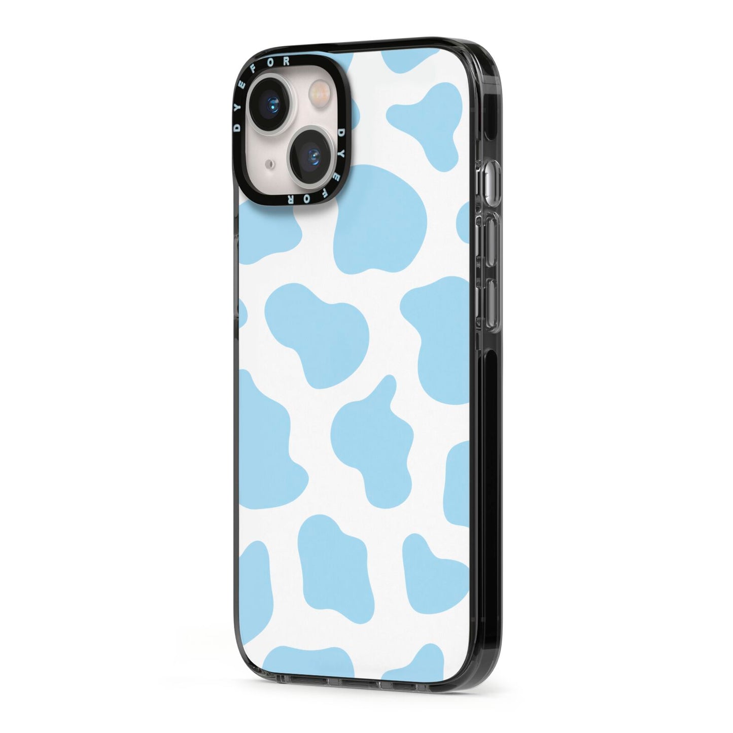 Blue Cow Print iPhone 13 Black Impact Case Side Angle on Silver phone